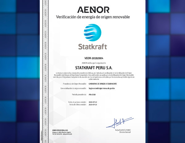 Primera Certificación de Verificación de Energía de Origen Renovable